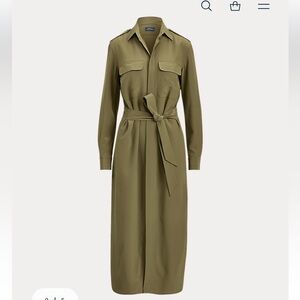 New Polo Ralph Lauren Olive 100% Silk Military Style Shirtdress Belted -Size 0